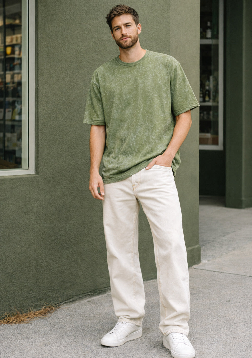 Montx men's army green acid wash oversized French terry cotton t-shirt with relaxed fit and casual style.