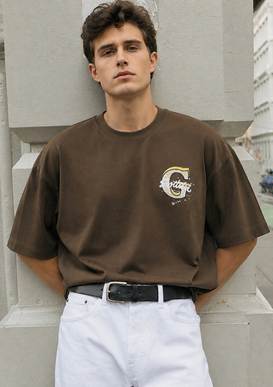 Montx Men’s Go Ahead Print T-Shirt – Loose Fit Brown Color