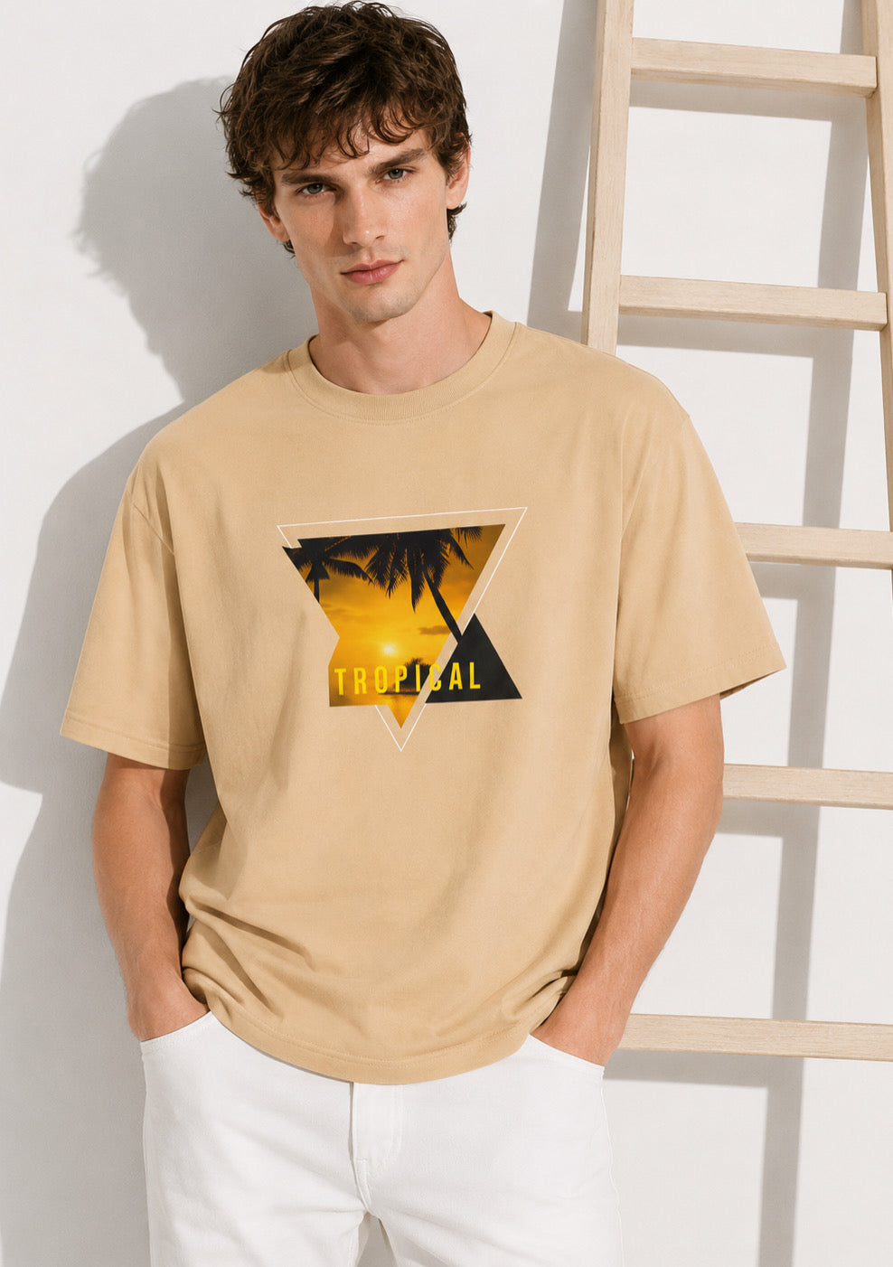 Men's Half Sleeve Round Neck Loose Fit T-Shirt  - Beige Color