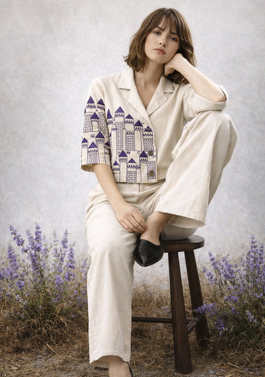 Montx women's linen embroidered co-ord set in ivory and purple, featuring a stylish top and matching pants with intricate embroidery.