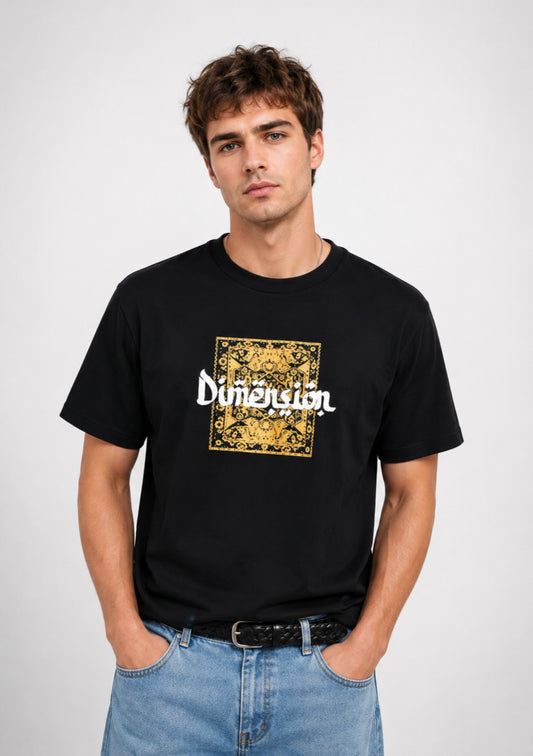 Montx Men’s black graphic T-shirt with dimension design, regular fit, showcasing a stylish and modern casual shirt.