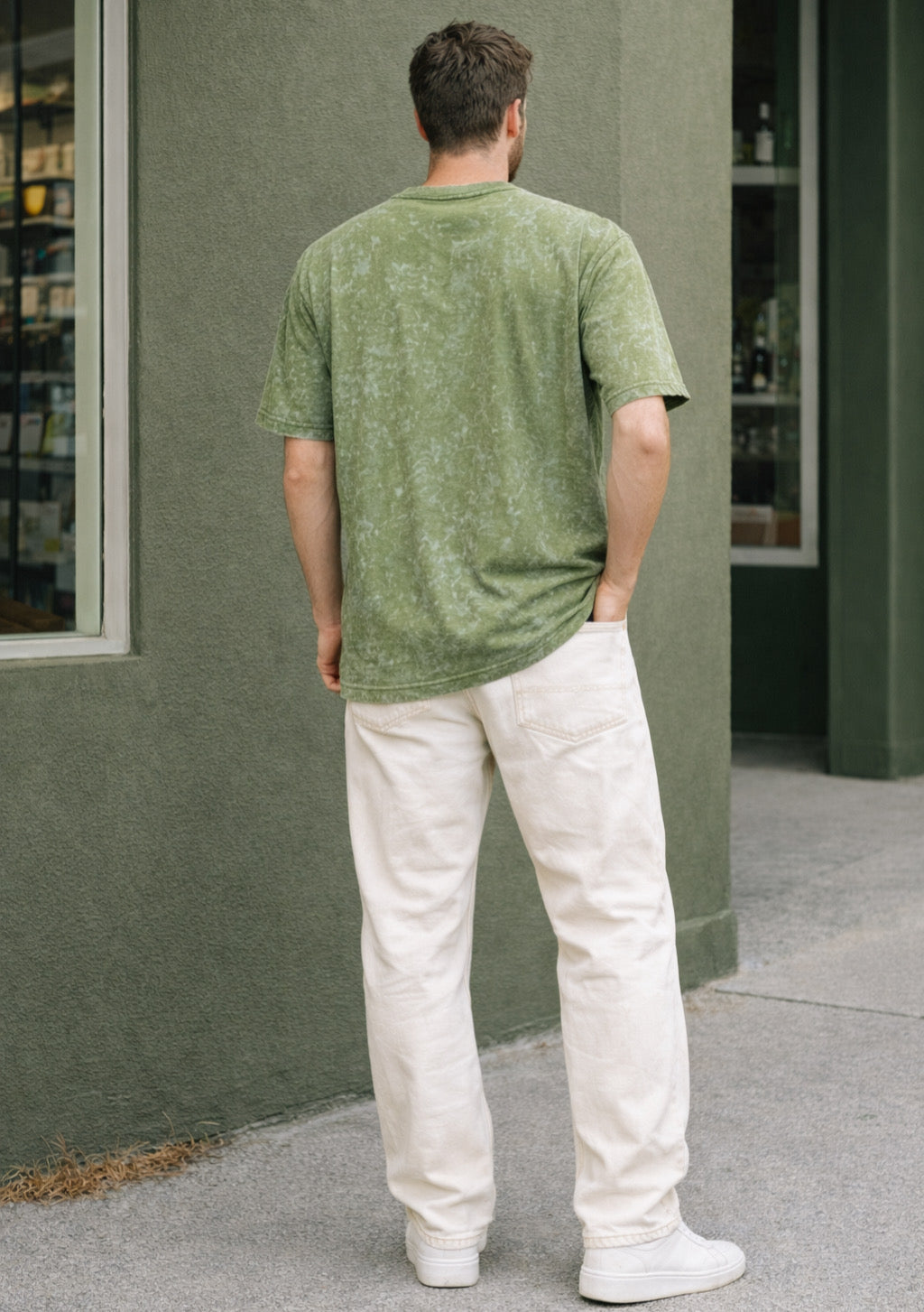 Montx men's army green acid wash oversized French terry cotton T-shirt with relaxed fit and casual style.