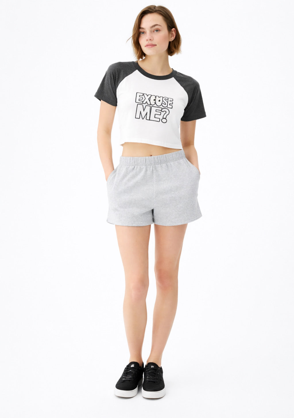 Montx women's charcoal and white crop T-shirt with stretch fit, casual short-sleeve top on a plain background.