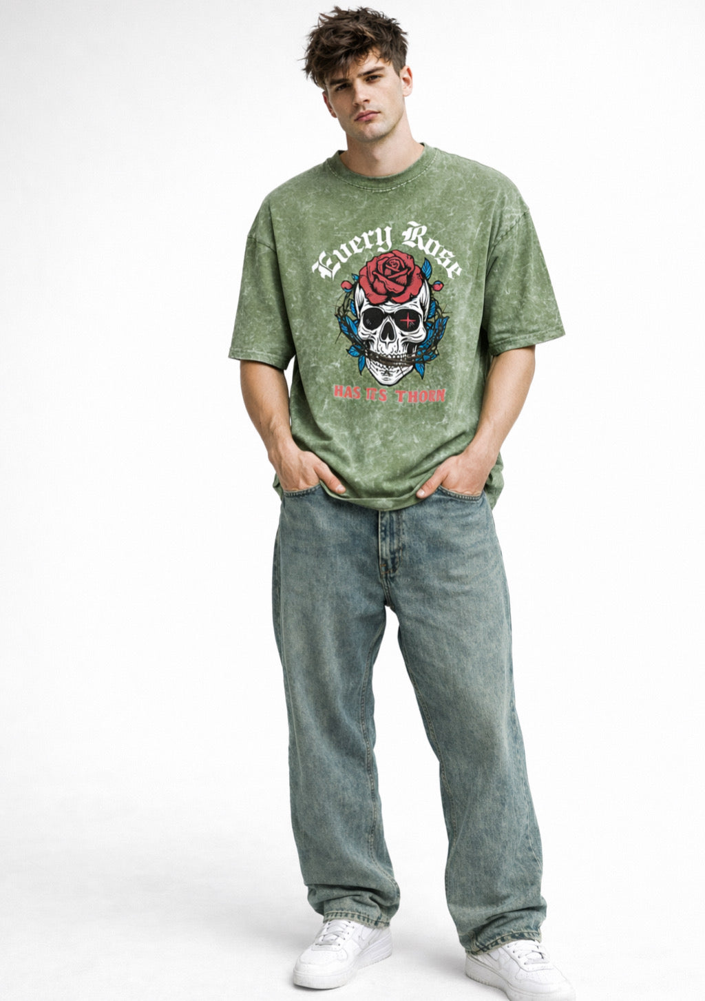 Men's army green acid wash oversized French Terry cotton T-shirt by Montx The Clothing Brand with printed design.