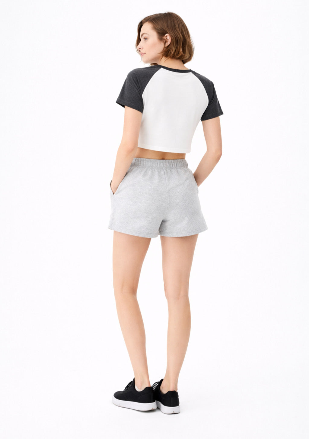 Montx women's charcoal and white crop T-shirt with stretch fit, casual style, and soft cotton fabric.
