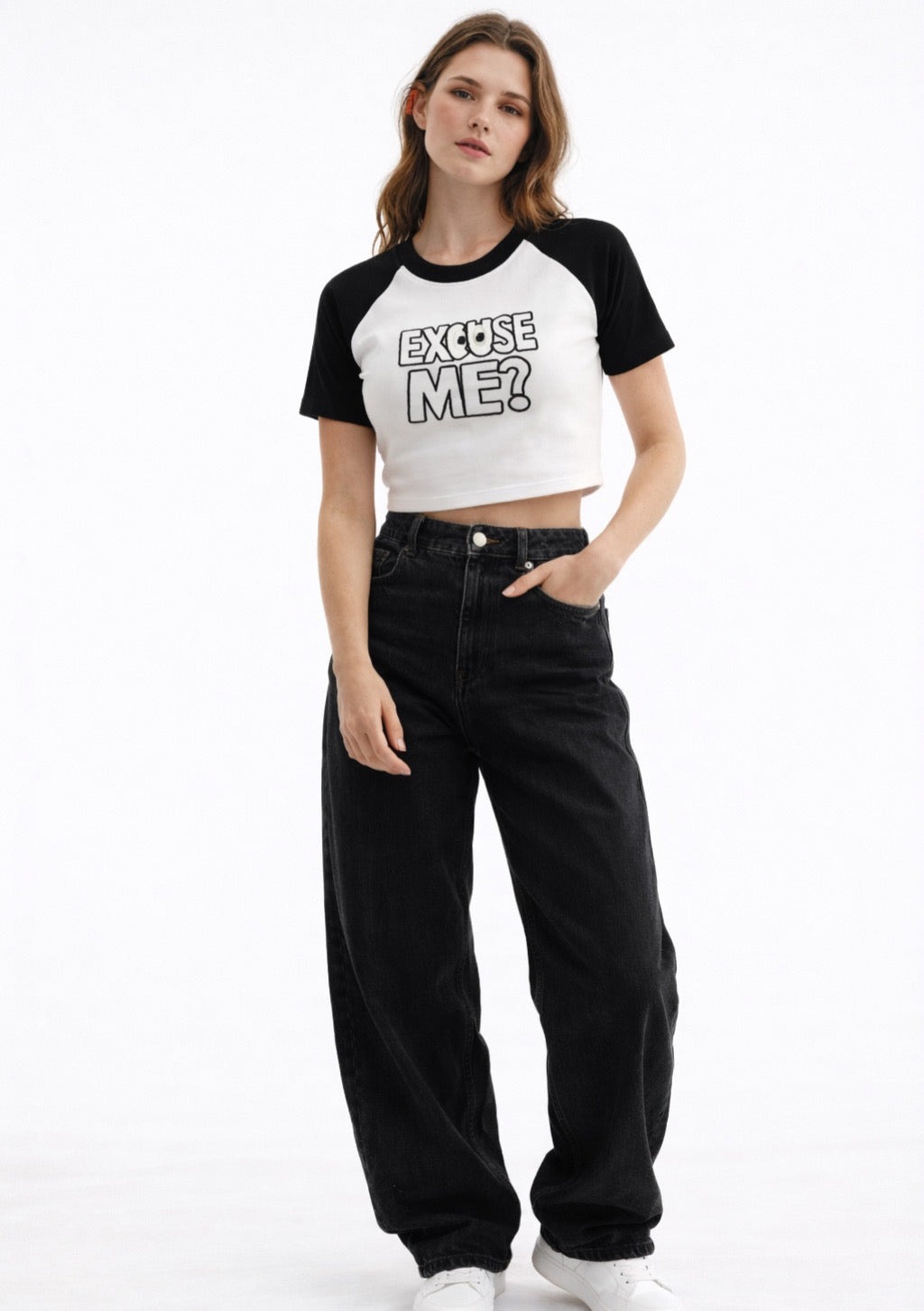 Montx women's black and white crop T-shirt with stretch-fit fabric, casual style, short sleeves, and crew neckline.