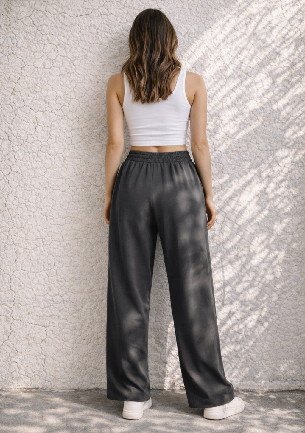 Dark grey Montx women's wide leg joggers with soft lounge fit, relaxed style, and comfortable fabric for casual wear.