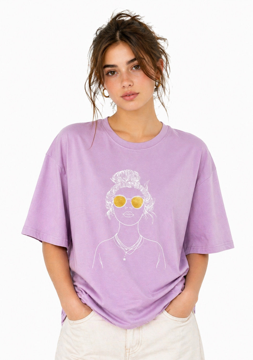 Montx Women's lavender oversized graphic T-shirt with bold design and relaxed fit, made by Montx The Clothing Brand.
