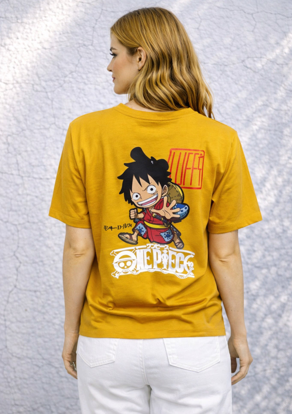 Montx women’s mustard yellow printed T-shirt with anime mini graphic design, casual short-sleeve top for everyday wear.