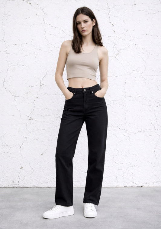 Montx black cotton-rich denim jeans with straight fit, featuring classic five-pocket design and belt loops.