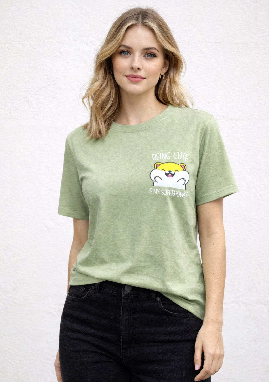 Montx women's sage green printed T-shirt with a cute statement design, casual short-sleeve top for everyday wear.