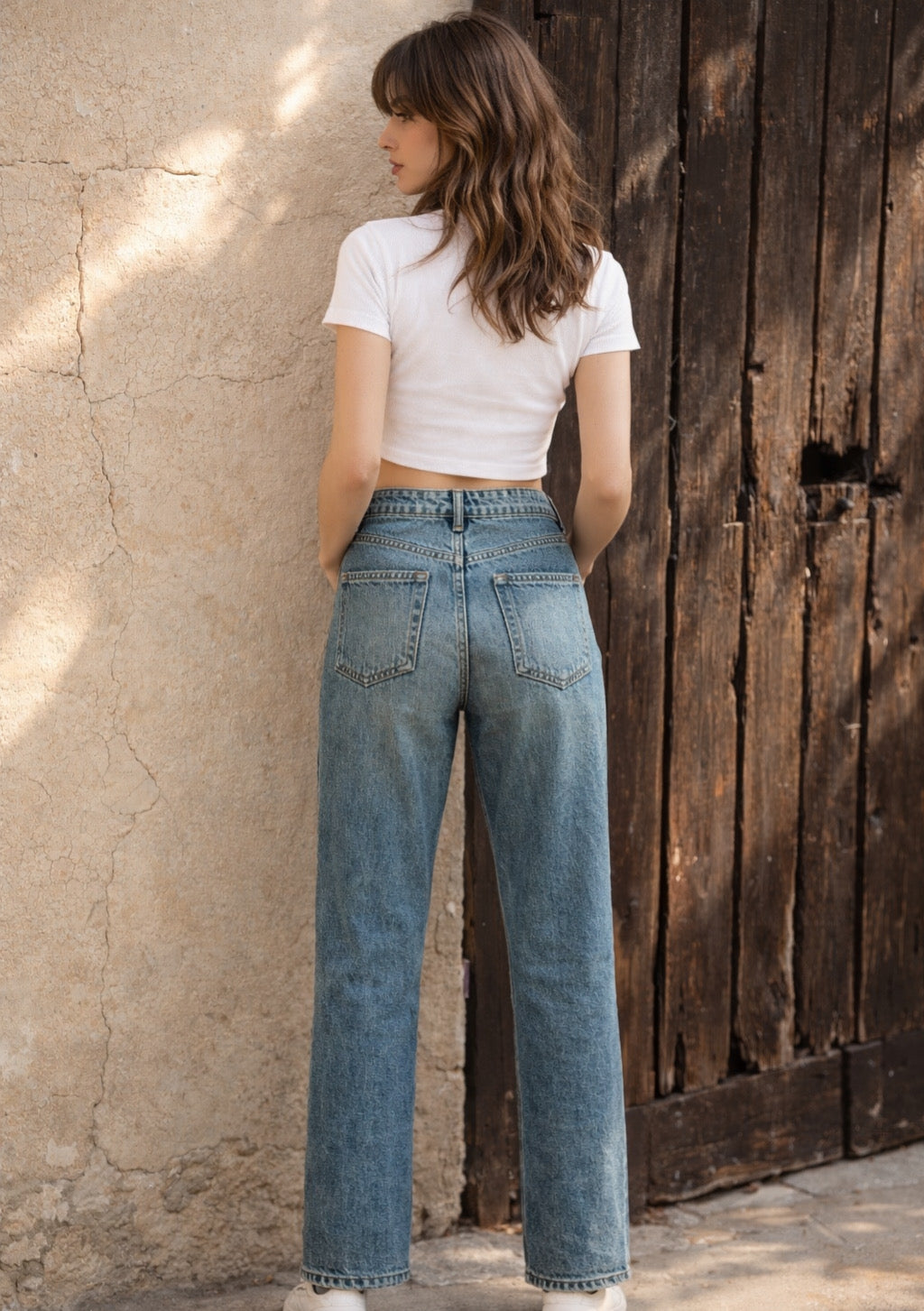 Montx women's vintage dusty blue-green straight fit denim jeans, front view showing classic five-pocket design and relaxed fit.