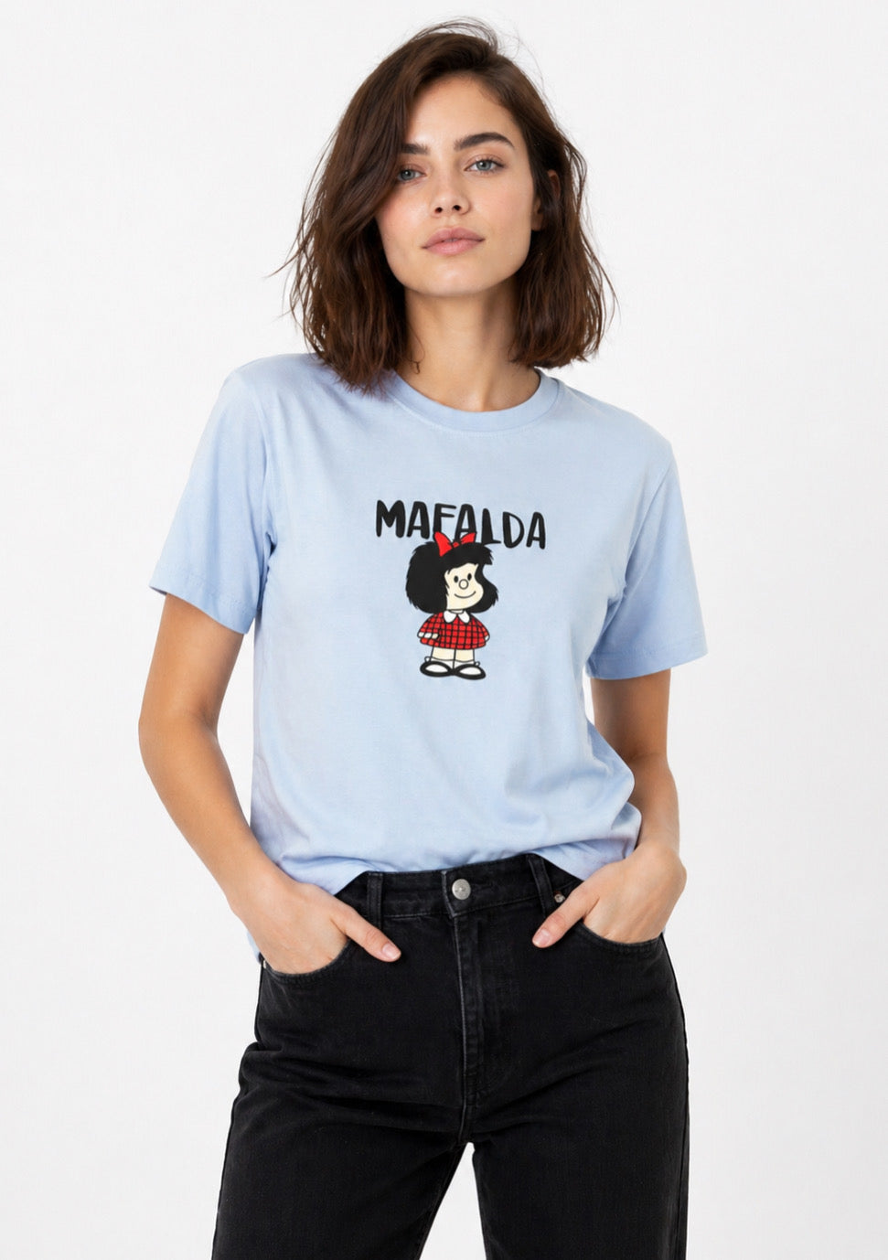 Women’s sky blue cotton T-shirt with cartoon print, regular fit, by Montx The Clothing Brand, displayed on a plain background.
