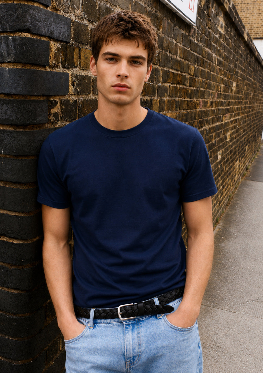 Montx men's navy blue regular fit round neck T-shirt displayed on a model, casual style, soft cotton fabric.