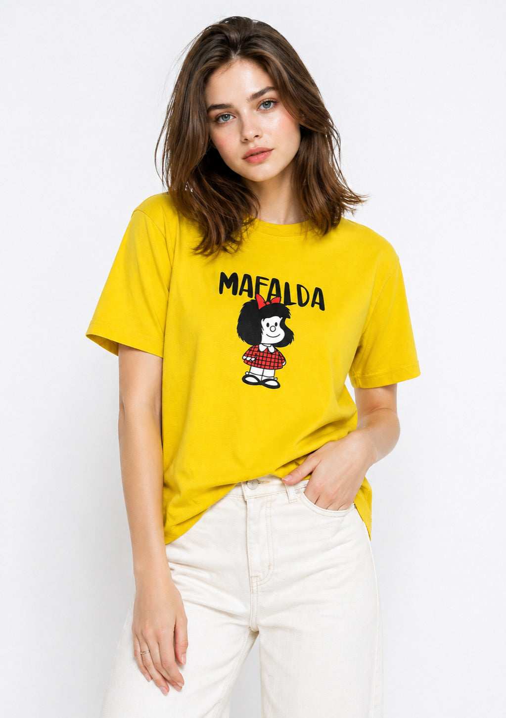 Women’s mustard yellow cartoon print cotton T-shirt by Montx The Clothing Brand, featuring a regular fit and colorful graphic design.