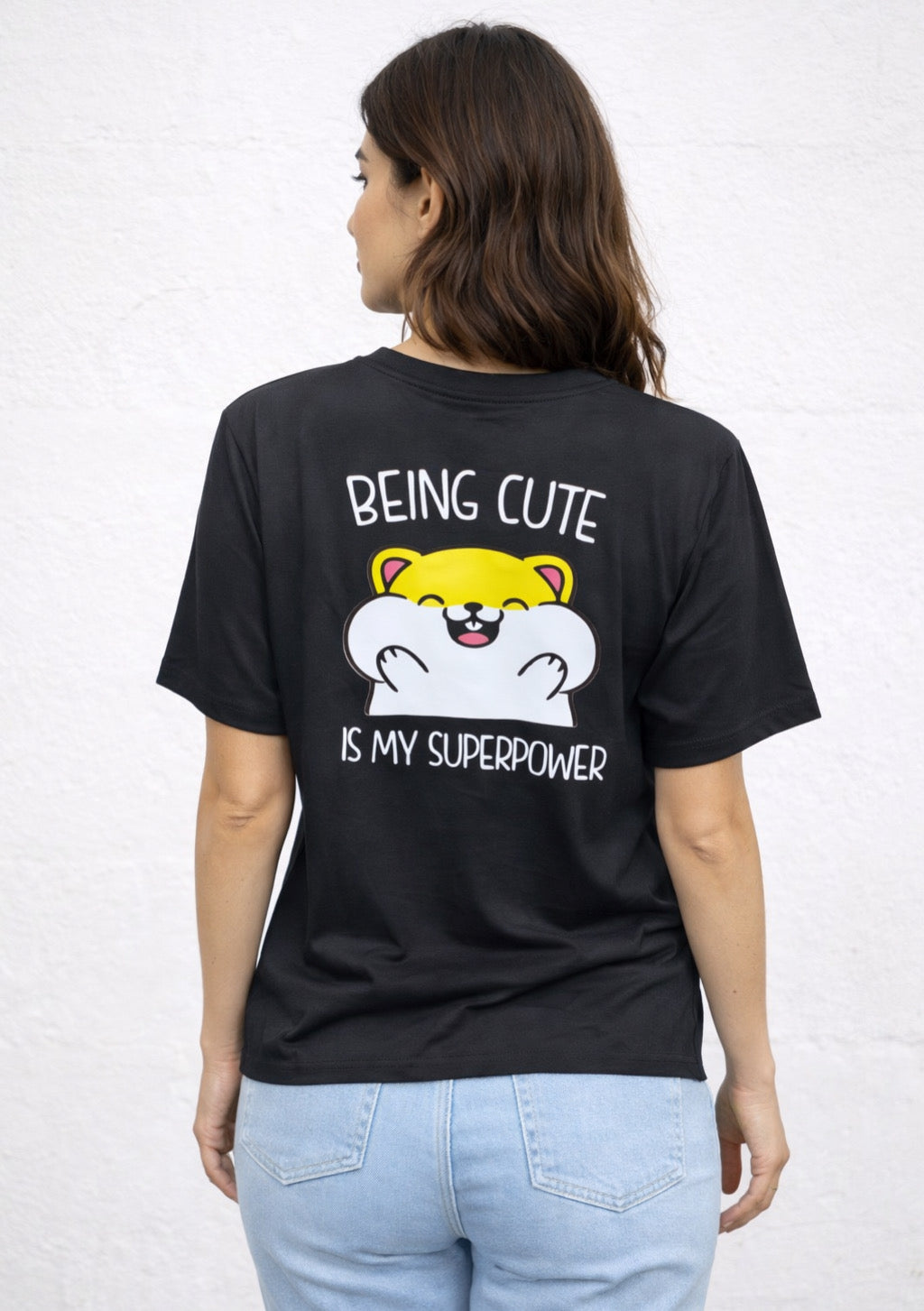 Montx Women’s black printed T-shirt with cute statement design, showcasing casual style and comfortable fit.
