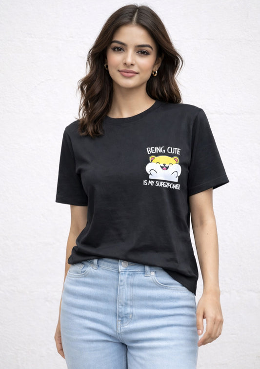 Montx Women's black printed T-shirt with a cute statement design, casual and stylish for everyday wear.