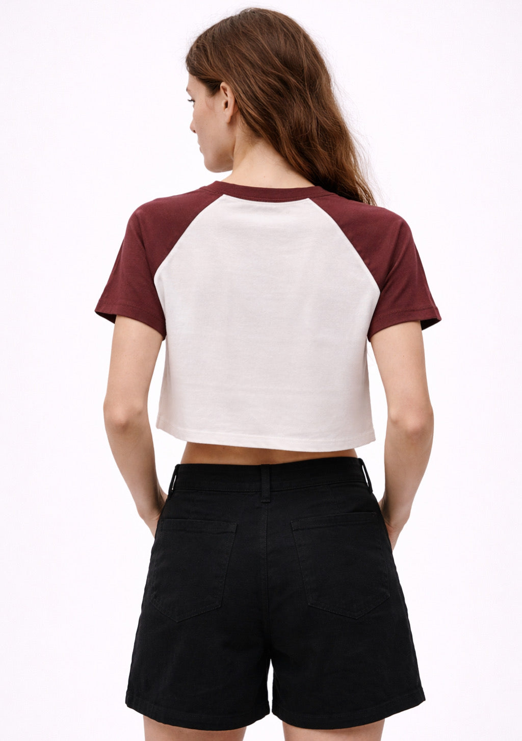 Montx women's burgundy and white stretch crop T-shirt with a fitted style, showcasing casual and stylish apparel.