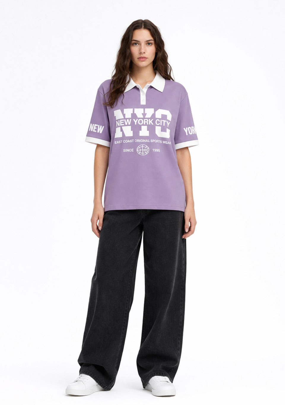 Montx Women’s NYC printed cotton polo T-shirt in lavender, featuring a casual fit and vibrant cityscape design.