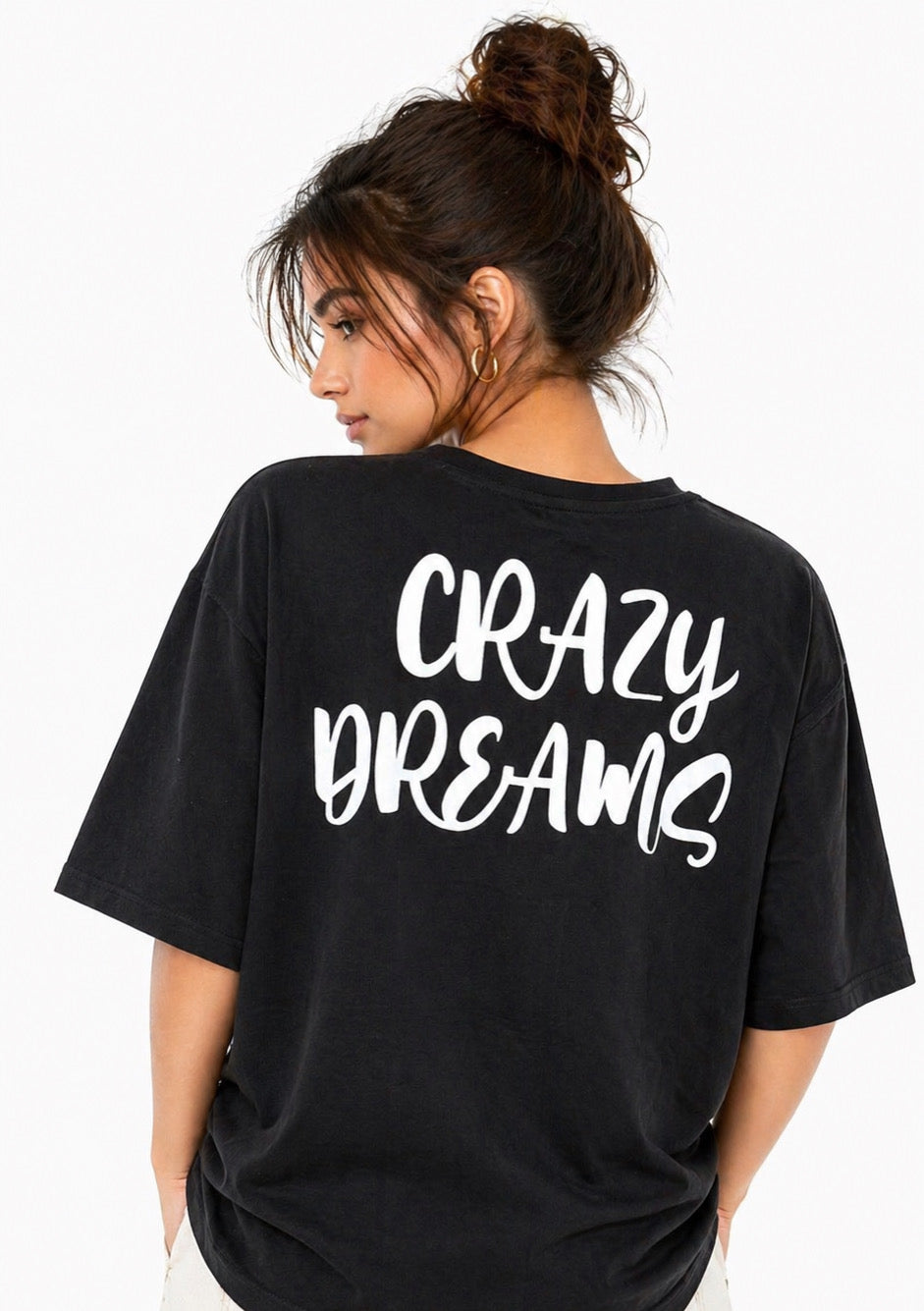 Black graphic oversized women's T-shirt by Montx The Clothing Brand, featuring bold design and relaxed fit.