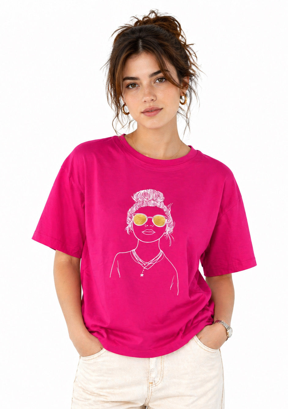 Montx Women’s hot pink graphic oversized T-shirt with bold design, casual fit, and soft fabric for a stylish, comfortable look.