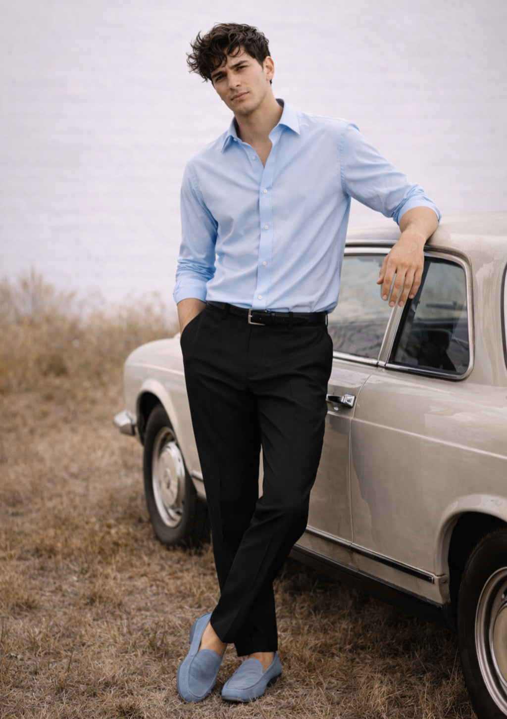 Montx men's sky blue full-sleeve cotton shirt with classic collar and button-up front, casual and comfortable for everyday wear.