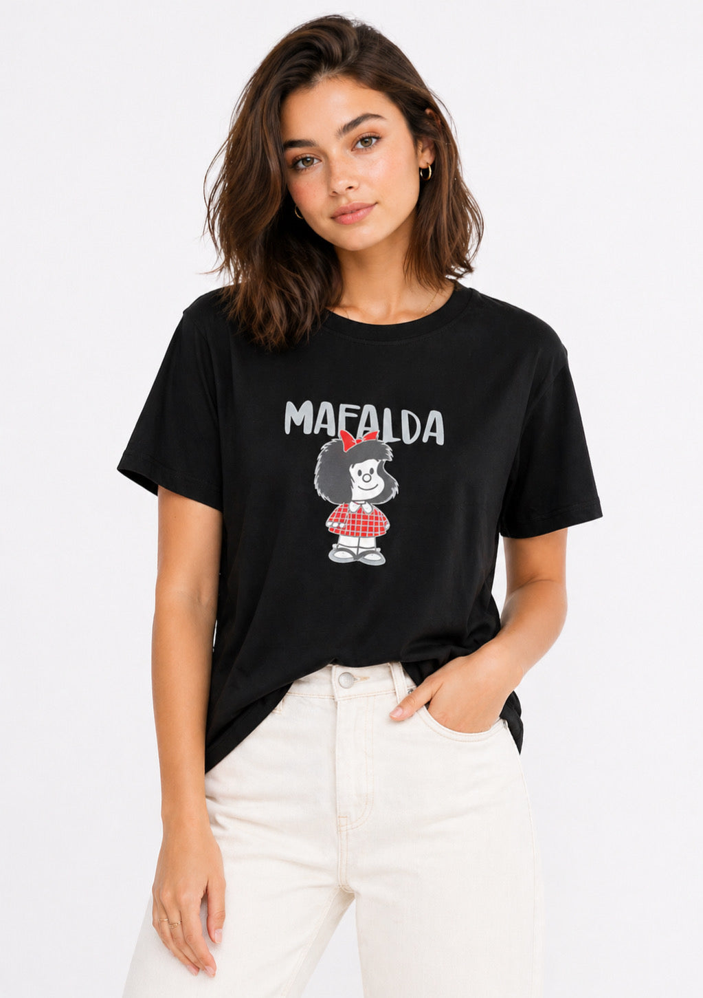 Women’s black cotton T-shirt with colorful cartoon print, regular fit, by Montx The Clothing Brand, shown on a white background.