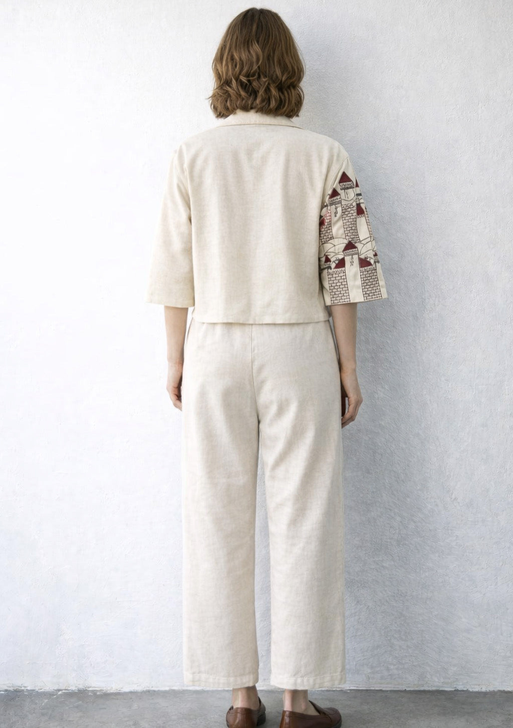 Montx Women's linen embroidered co-ord set in wine color, featuring a stylish matching top and pants with intricate embroidery details.