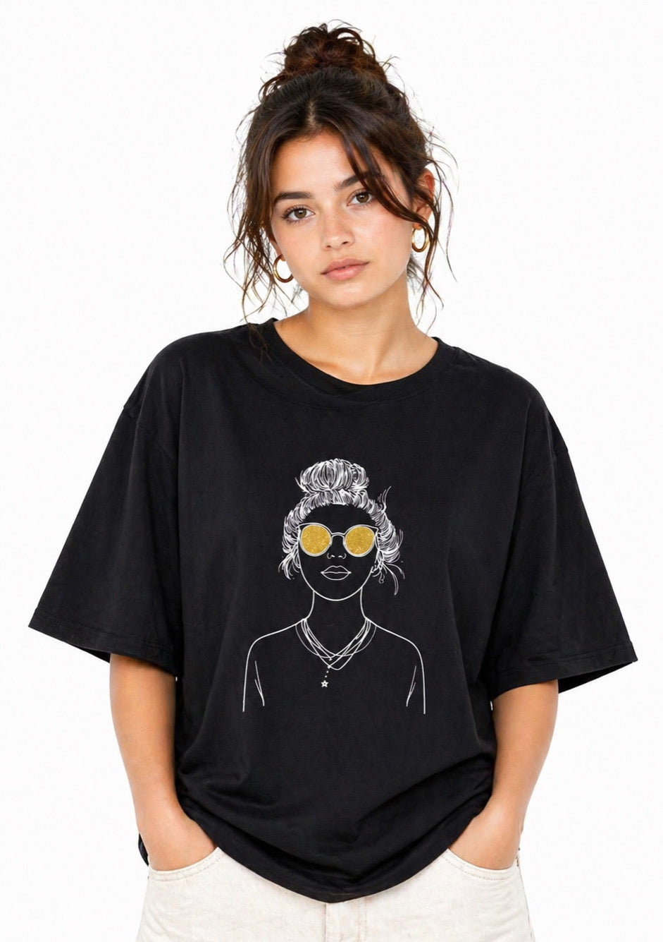 Montx Women’s black graphic oversized T-shirt featuring bold design, casual fit, and comfortable cotton fabric.