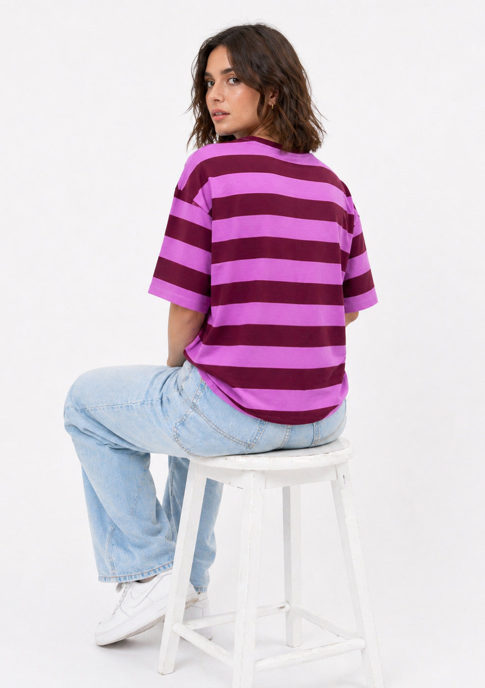 Montx Women's purple striped oversized T-shirt with relaxed fit and bold horizontal stripes, casual and stylish for everyday wear.