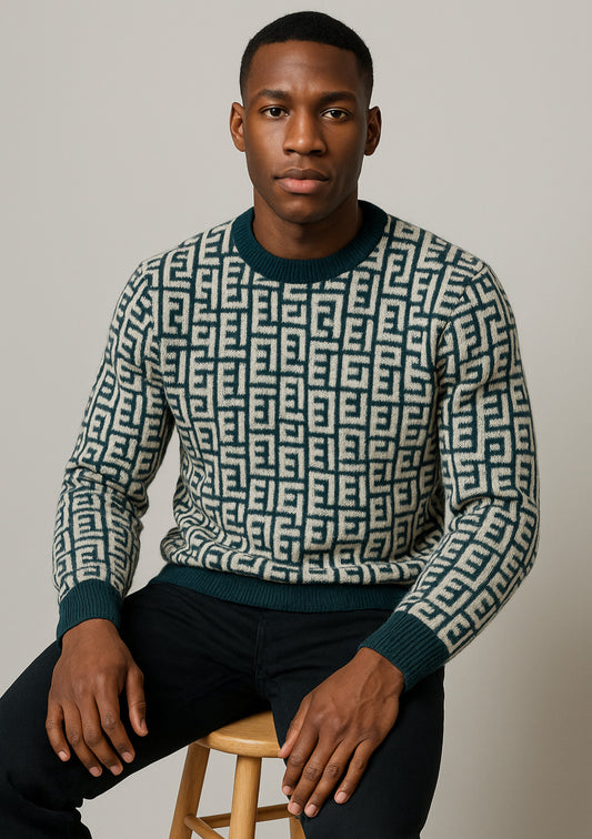 Teal Green & Off-White Geometric Pattern Knit Sweater for Men - Montx The Clothing Brand