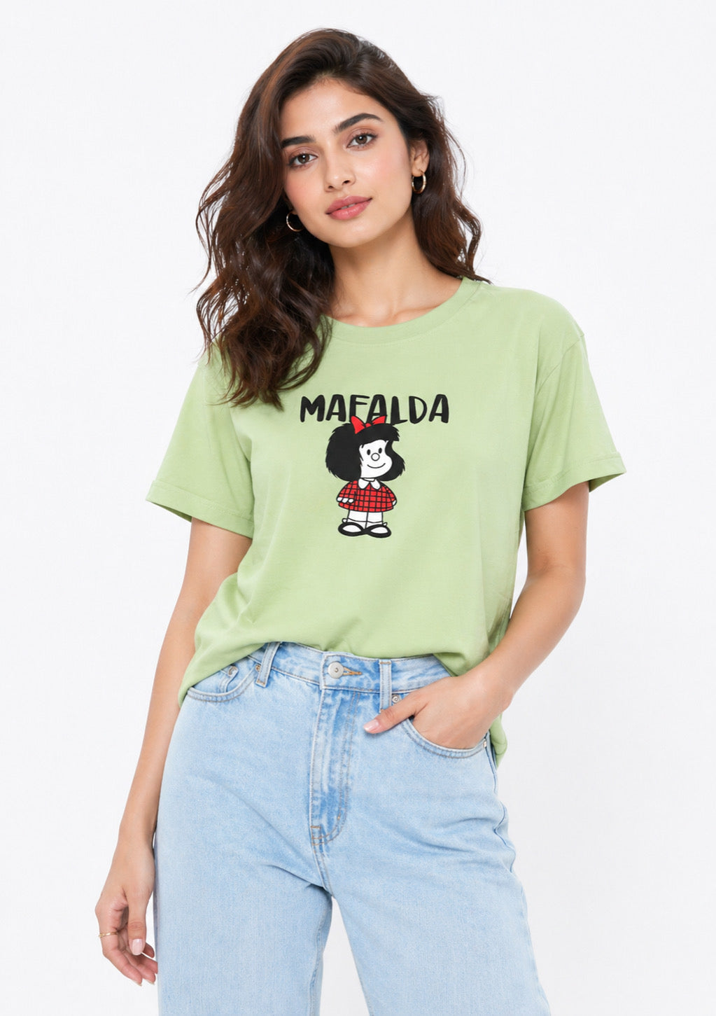 Women’s sage green cotton T-shirt with cartoon print from Montx The Clothing Brand, featuring a regular fit and casual style.