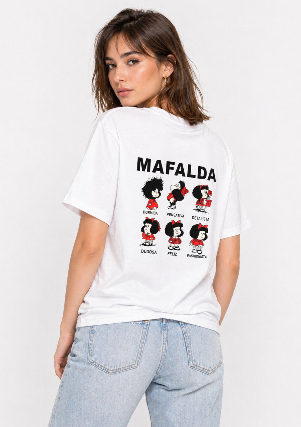 Women’s white cotton T-shirt with colorful cartoon print from Montx The Clothing Brand, regular fit, casual style.