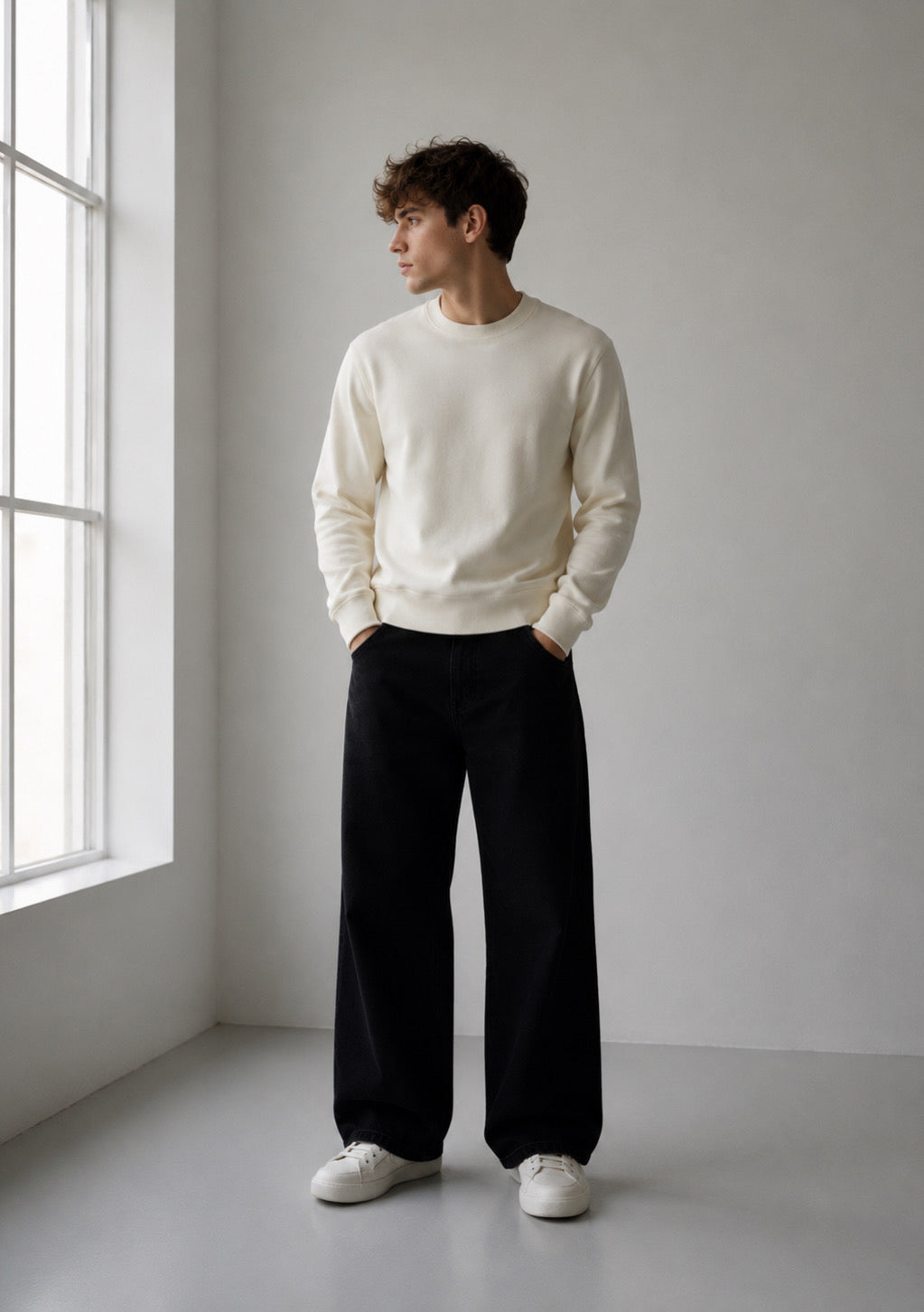 Montx men's classic off-white regular fit sweatshirt showing a cozy, casual fit with long sleeves and ribbed cuffs.