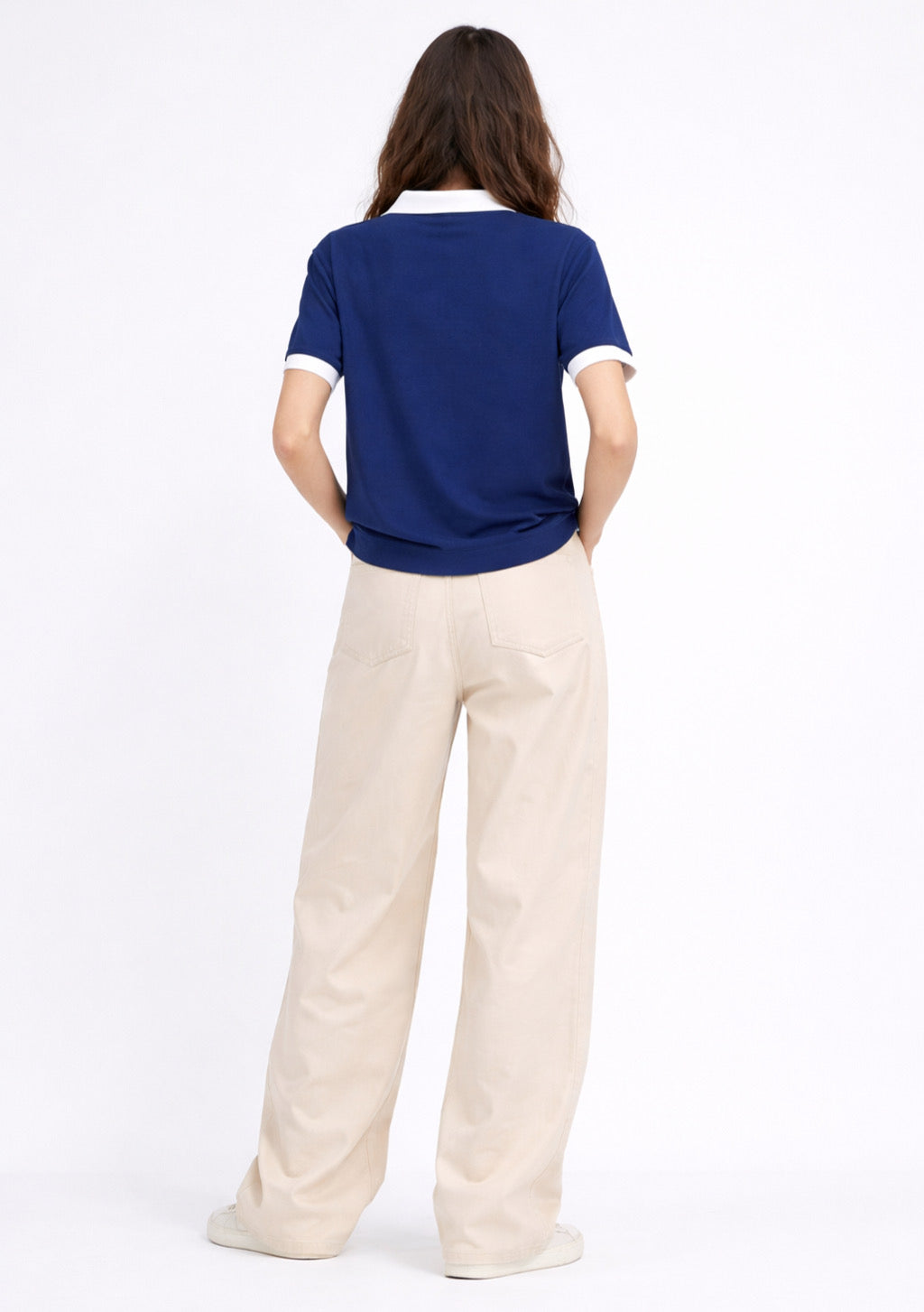 Montx Women’s NYC printed cotton polo t-shirt in navy blue, casual fit with graphic cityscape design, soft and comfortable fabric.