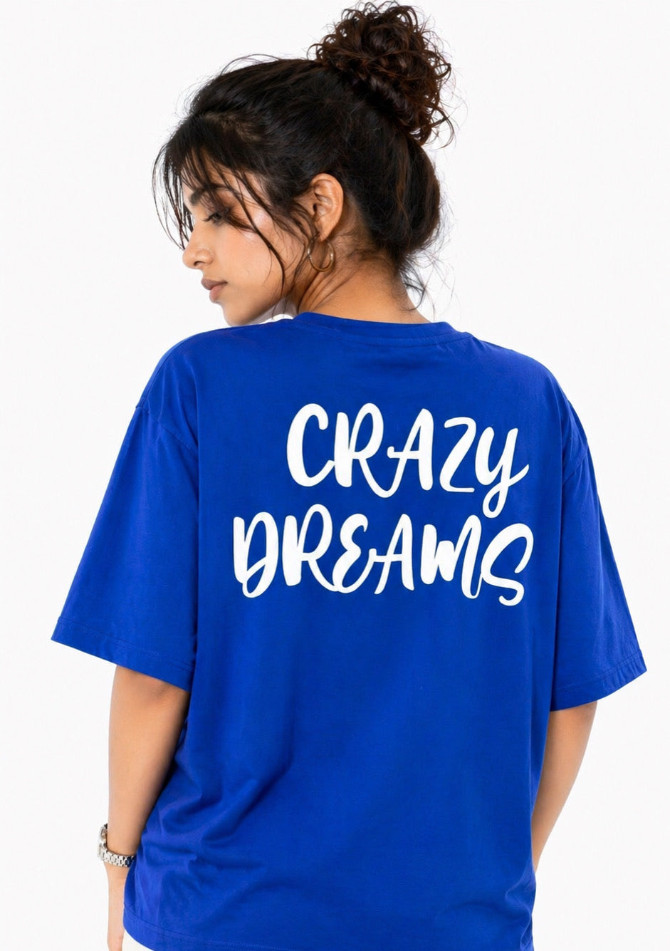 Montx Women's royal blue graphic oversized T-shirt featuring bold design and comfortable fit, casual streetwear style.
