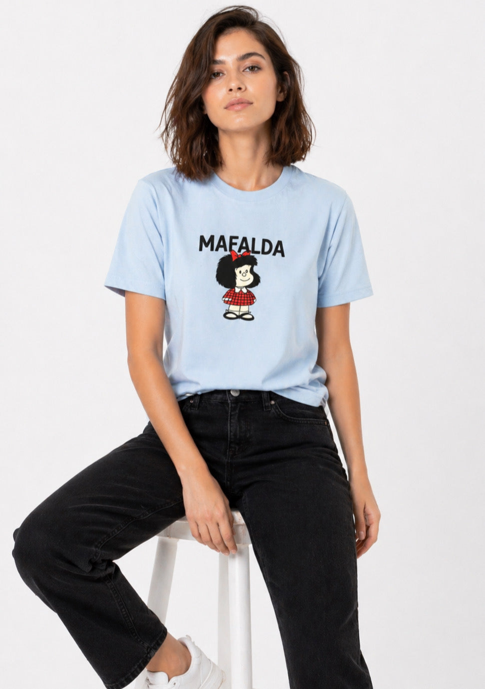 Women’s sky blue cartoon print cotton T-shirt by Montx The Clothing Brand, featuring a regular fit and playful graphic design.