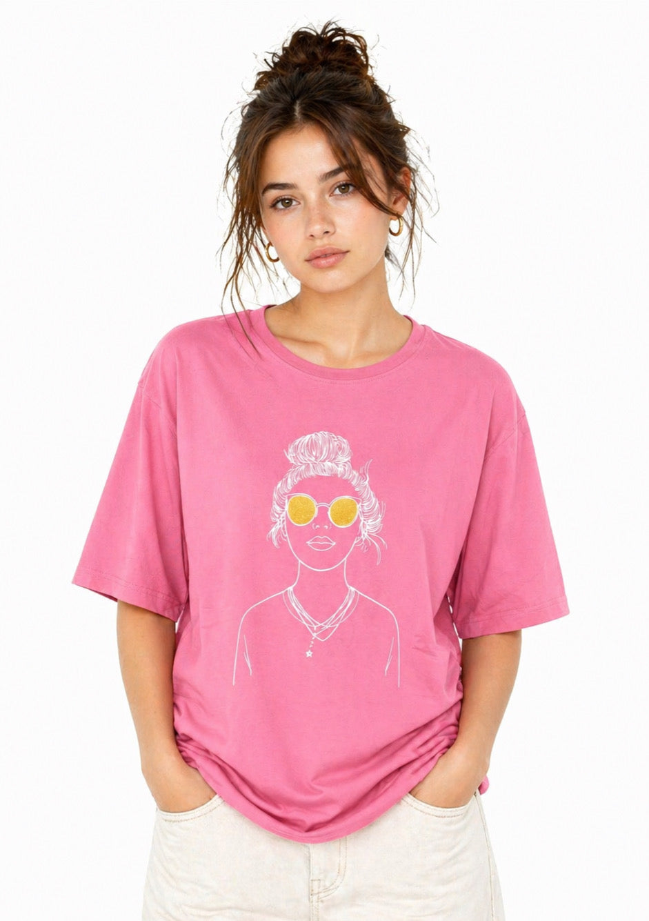 Montx women's rose pink graphic oversized T-shirt with bold design, casual fit, and soft cotton fabric.