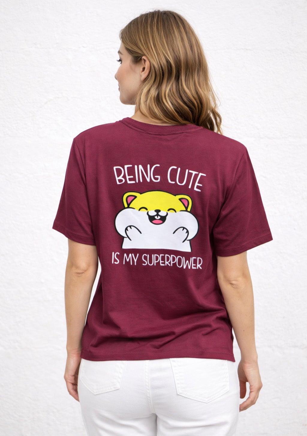 Montx Women's wine-printed T-shirt featuring a cute statement design, colorful wine glass illustration on soft fabric.