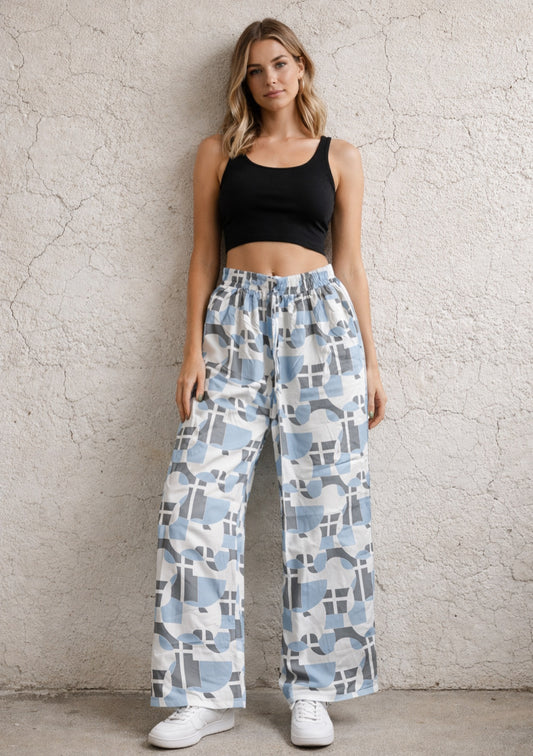 Montx women’s ice blue geometric print wide-leg joggers with relaxed fit, showcasing the comfortable, stylish design.
