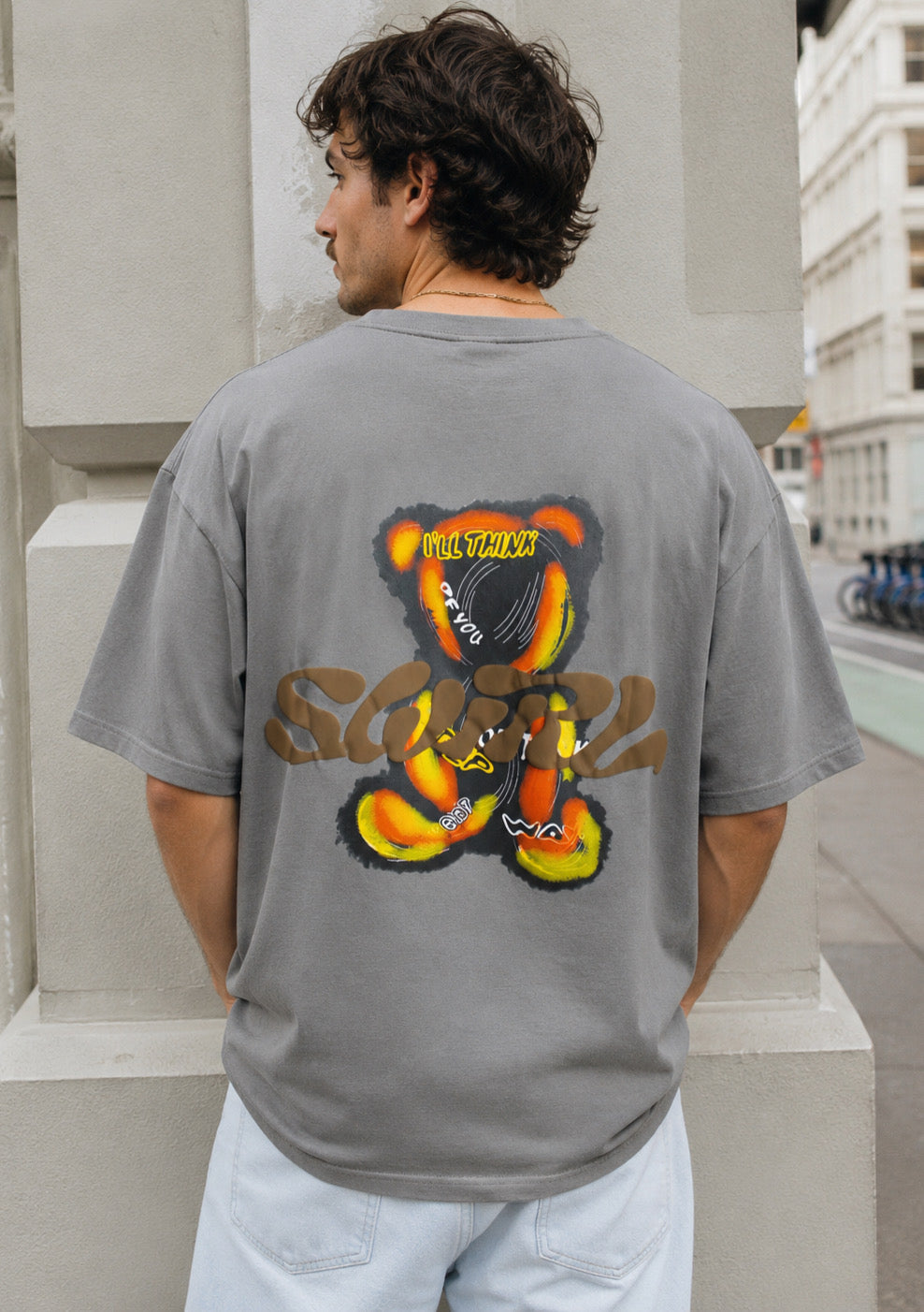 Montx men's grey street style T-shirt featuring a polar bear design, loose fit, casual and trendy for everyday wear.