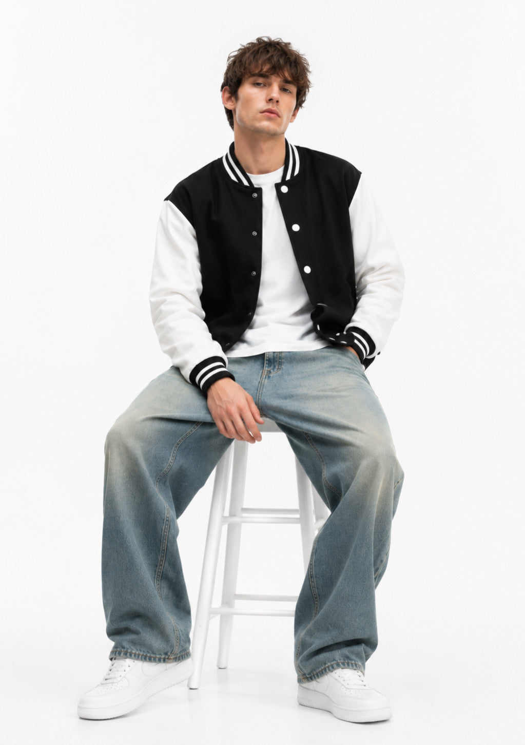 Montx Classic Varsity Jacket in black, featuring ribbed cuffs and collar, with leather sleeves and embroidered logo detail.