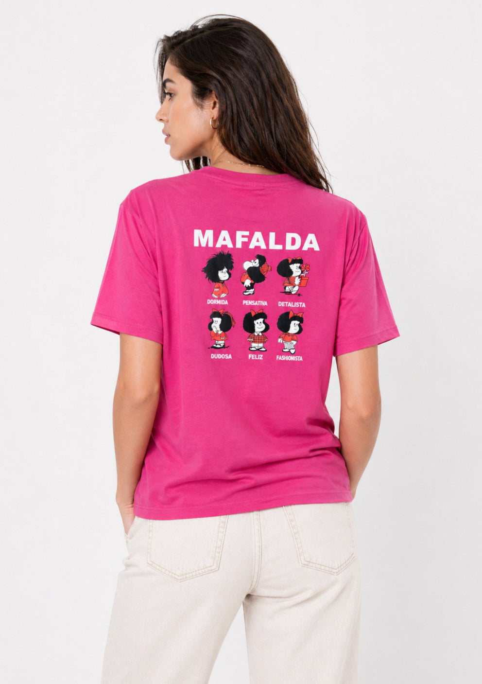 Women’s hot pink cotton T-shirt with cartoon print from Montx The Clothing Brand, regular fit, casual style, front view.