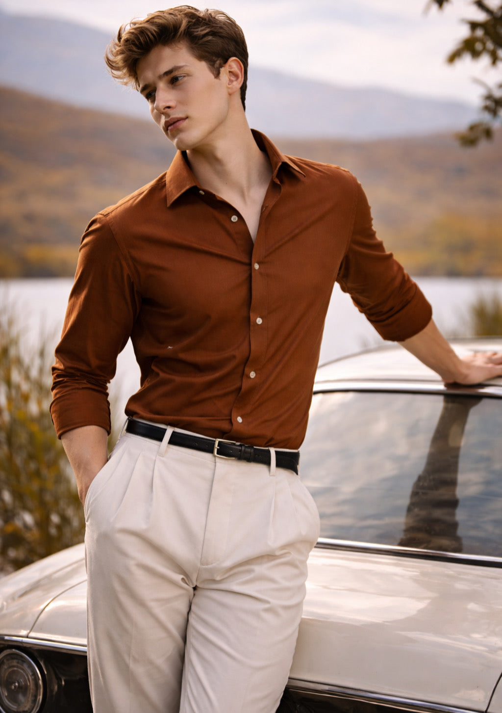 Montx men's copper brown full-sleeve cotton shirt with a classic collar and button-up front, casual and comfortable for everyday wear.