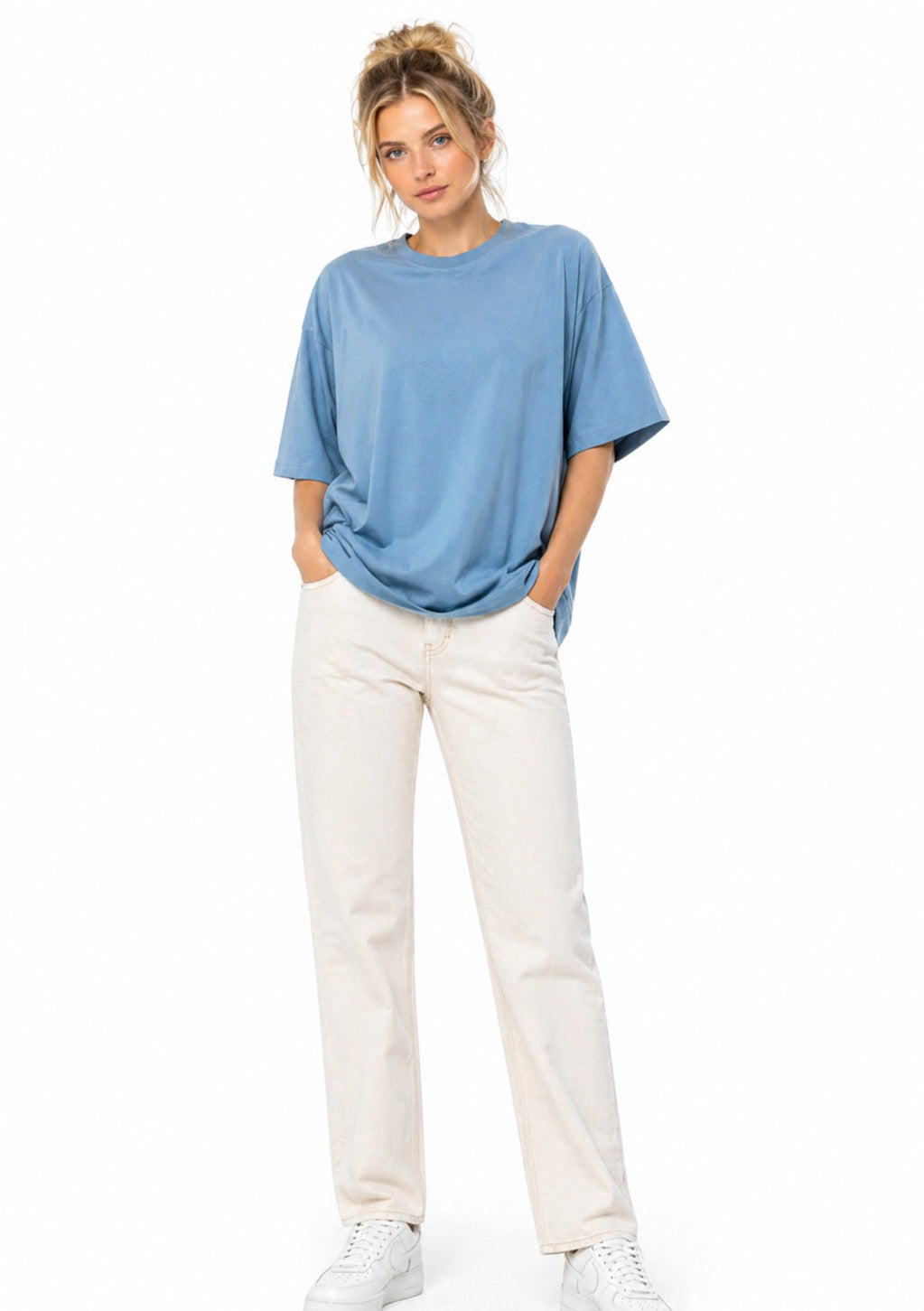 Women’s sky blue oversized plus size cotton T-shirt in 4XL from Montx The Clothing Brand, featuring a relaxed fit and soft fabric.