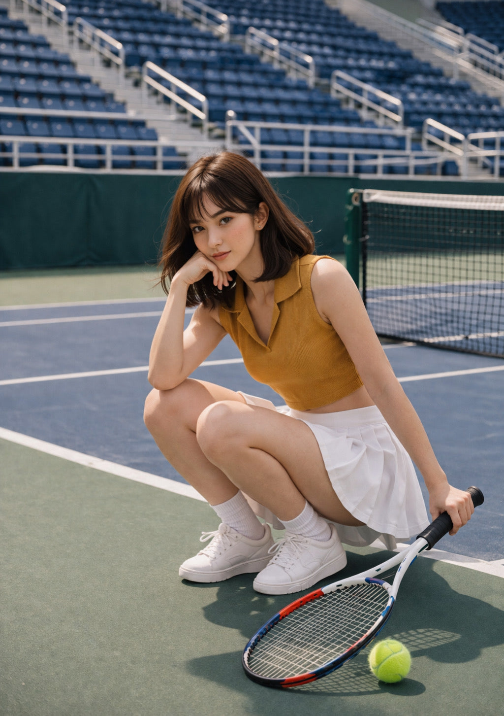Montx women's mustard sleeveless crop top with a collared neckline, stylish and lightweight for casual summer wear.