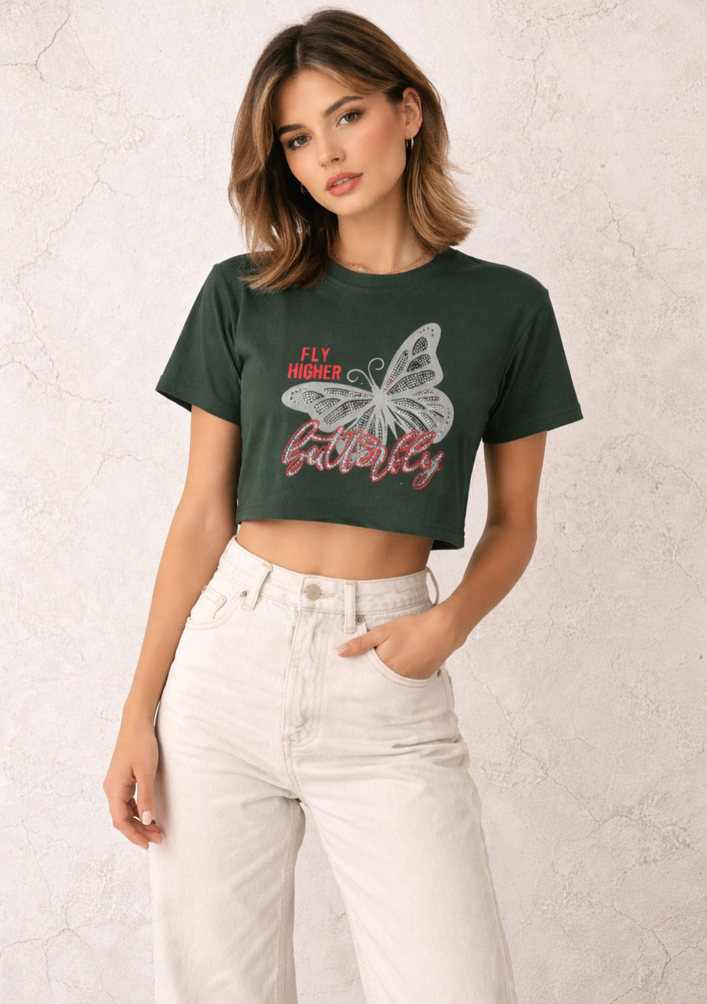 Dark green graphic crop T-shirt for women by Montx The Clothing Brand, featuring a stylish printed design.