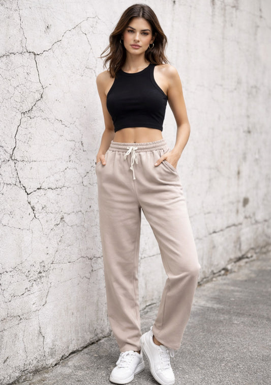 Light brown women's wide leg joggers from Montx The Clothing Brand, soft lounge fit with relaxed, comfortable style.