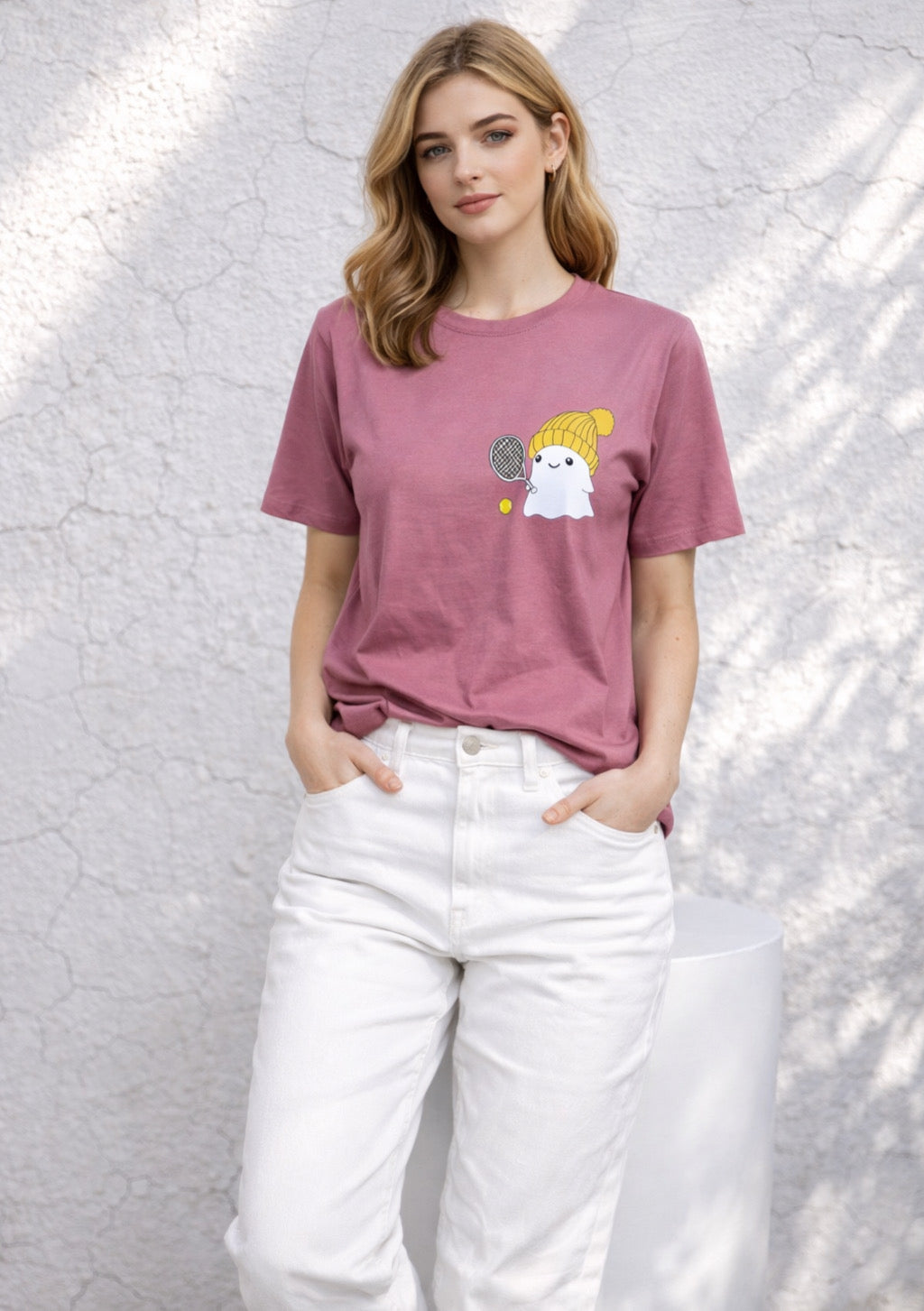 Montx Women’s Dusty Pink Printed T-Shirt with cute anime ghost design, featuring short sleeves and a relaxed fit.