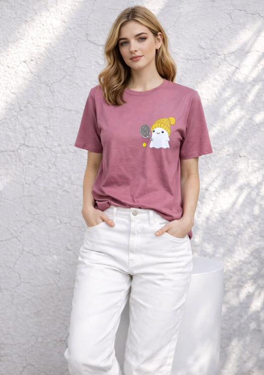Montx Women’s Dusty Pink Printed T-Shirt with cute anime ghost design, featuring short sleeves and a relaxed fit.